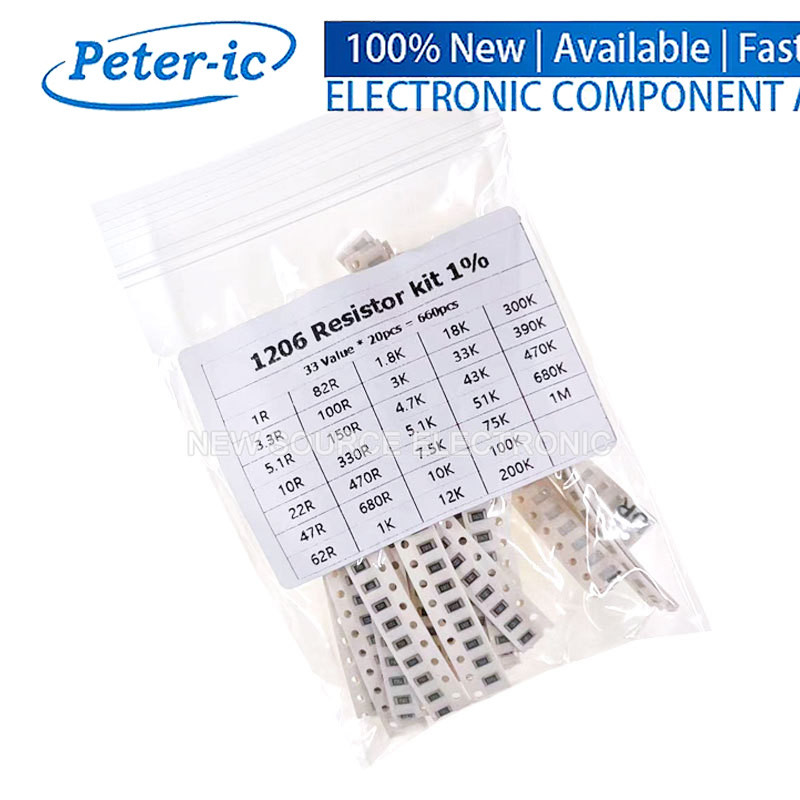 660PCS 1206 SMD Resistor Assorted Kit 33ValysX 20PCS 1ROhm~1M 1% 100 47 33 22 10 680KR Ohm