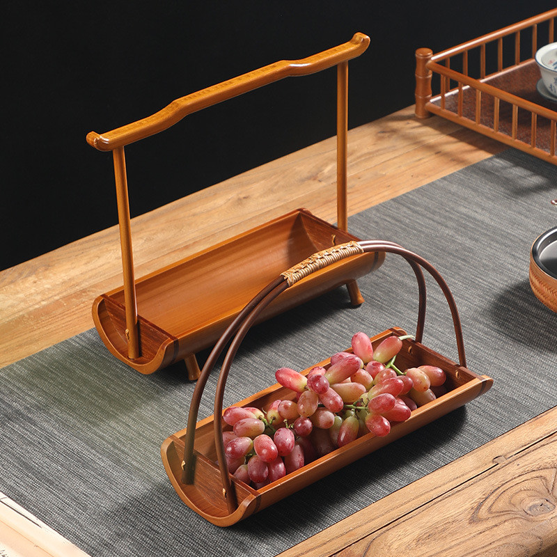 Bamboo handle tea snack tray, Chinese retro-style snack and fruit tray, creative home storage basket