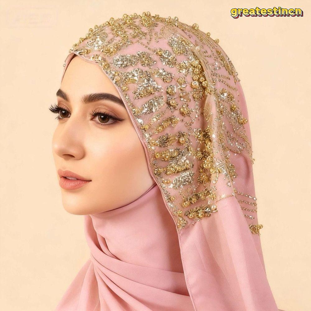 GREAT Sequin Hijab, Rhinestone Collar Soft Chiffon Instant Hijab, Luxury Beaded Lace Chiffon Headsca