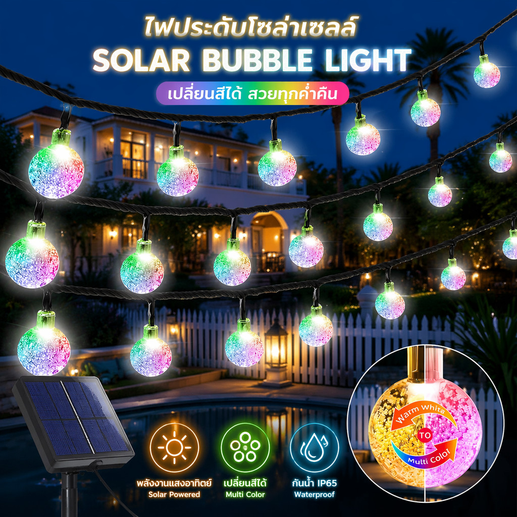 ไฟโซล่าเซลล์ เปลี่ยนสีไม่สิ้นสุด ไฟตกแต่งสวน สปอตไลต์ LED 20-100ดวง ไฟกระพริบ ทนแดดทนฝน ประหยัดพลังงาน