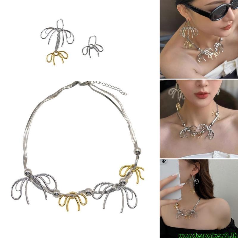 Wonderpakea2 Dainty Gold และ Silver Bowknot จี้สร้อยคอ Stylish และ Exclusive Bowknot สร้อยคอต่างหู D