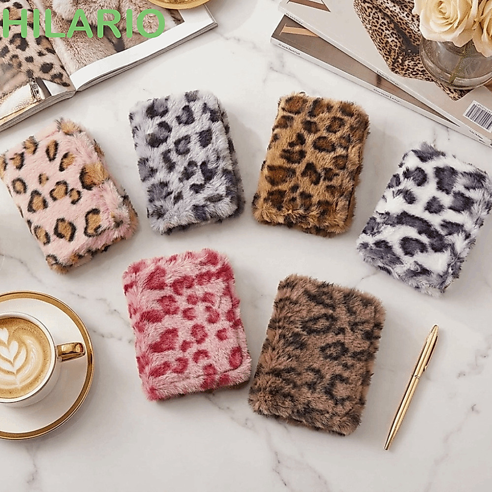 HILARIO กระเป๋าใส่เหรียญพิมพ์ลายเสือดาว, Furry Multi-Card Slot Zipper Wallet, Y2K ความจุขนาดใหญ่ Tra