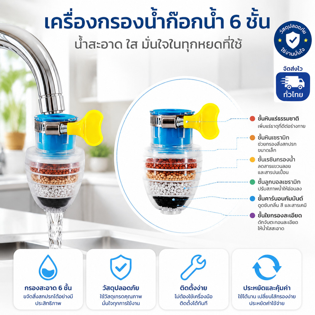 หัวต่อก๊อกน้ำ(หินชั้นกรอง6ชั้น) หัวกรองก๊อกน้ำ ที่กรองน้ำประปา