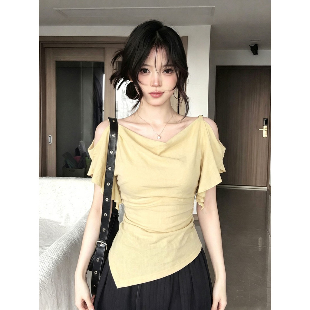 French Pure Desire Cowl คอ Ruffle Off ไหล่ Two Way สวมใส่ไม่สม่ําเสมอ Hem ผู้หญิงฤดูร้อน T