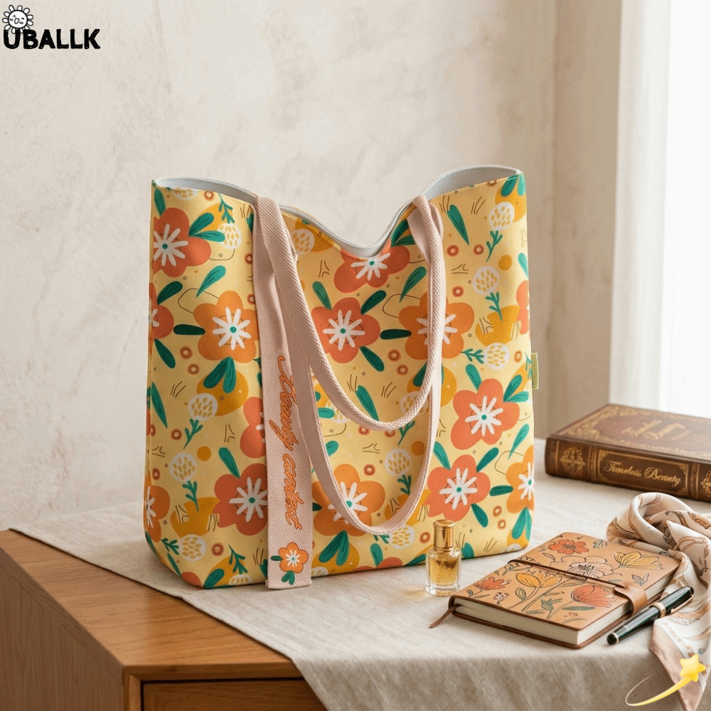 UBALLK Tote Bag, กระเป๋าผ้าแคนวาสแบบใช้ซ้ําได้ความจุขนาดใหญ่, กระเป๋าช้อปปิ้งลายดอกไม้อเนกประสงค์สีส้มทนทานทุกวัน