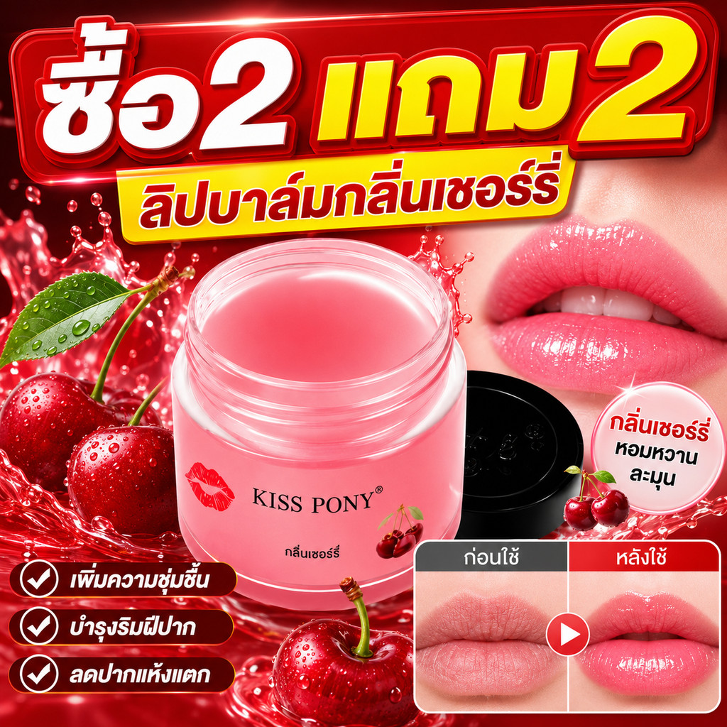 พร้อมส่ง ส่งไว KISSPONY ลิปบาล์มเชอร์รี่ ปากนุ่มชุ่มชื้น ลดความแห้งกร้าน เนื้อสัมผัสสบาย ทาได้ทุกวัน ซื้อ 2 แถม 2