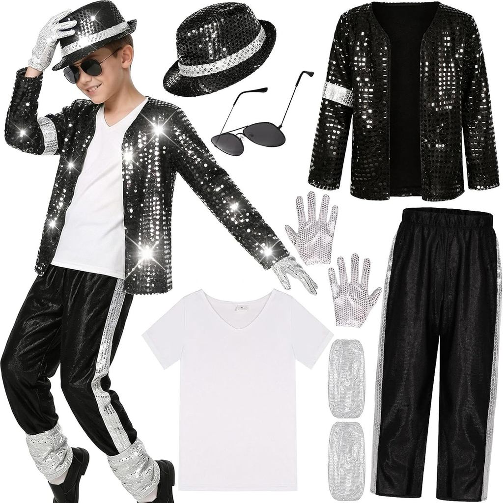 7PCS Dance Star MJ เครื่องแต่งกายสําหรับเด็ก Pop ชุด Stage คอสเพลย์ Soft Dancer เครื่องแต่งกาย 3D พิมพ์แจ็คเก็ตกางเกงสีขาวแขนสั้นเสื้อเลื่อม Sat ถุงมือฮาโลวีน 80 S 90 S สําหรับชาย