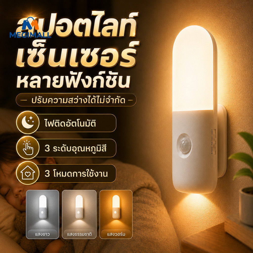ไฟกลางคืนเซ็นเซอร์อัจฉริยะ โคมไฟหัวเตียงแม่เหล็ก ไฟเซ็นเซอร์ ไร้สาย การควบคุมอัตโนมัติ การหมุน80°