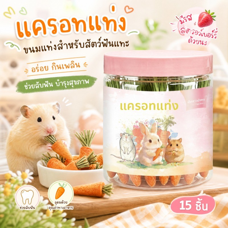 NEW! ขนมหนูแฮมสเตอร์ แครอทแท่ง สตรอเบอร์รี่ ขนมเคี้ยว กินได้ อาหารธรรมชาติ หนูโกลเด้น หนูดอกไม้ขนาดเล็ก