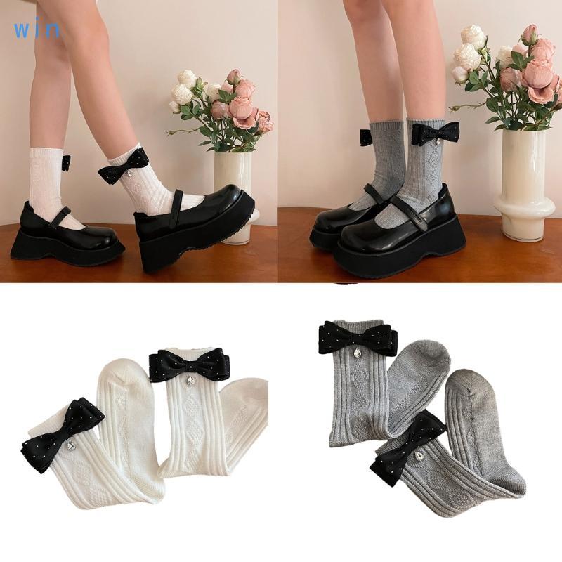 Win Womens Socks Crew Socks Bowknot Long Warm Solid Color Ribbed Calf Socks