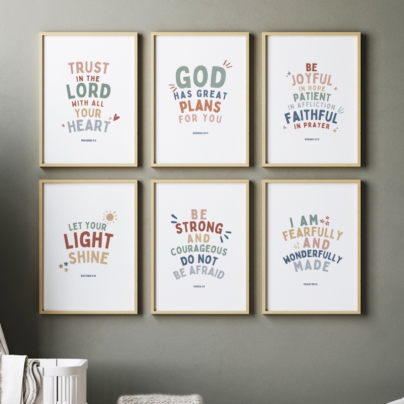 Christian เด็ก Bible Verse Wall Art สําหรับเนอสเซอรี่คริสตจักรก่อนวัยเรียนตกแต่งผ้าใบภาพวาดโปสเตอร์ส