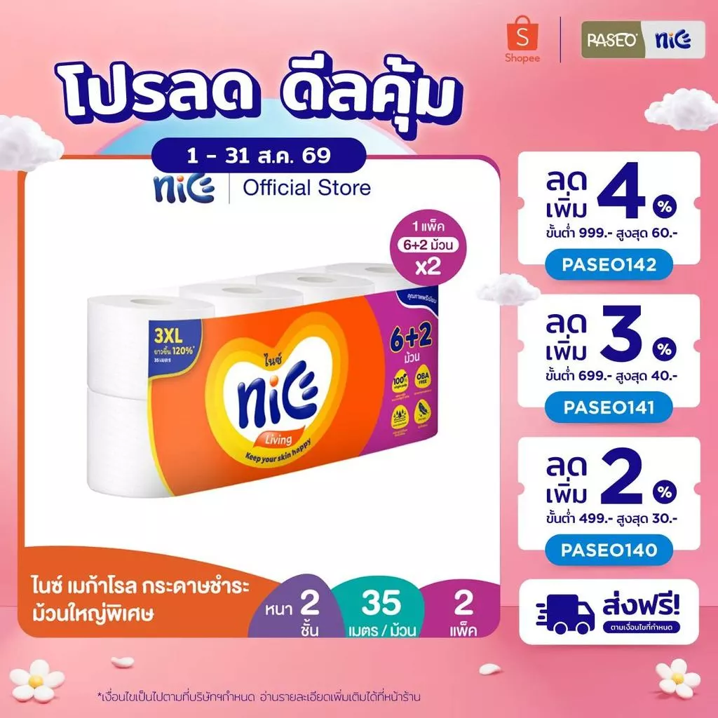 (2 แพ็ค 16 ม้วน) Nice ไนซ์ เมก้าโรล กระดาษชำระ ม้วนใหญ่พิเศษ แพ็ค 6+2 ม้วน (35ม./ม้วน) (ทิชชู่ กระดาษทิชชู่) x 2