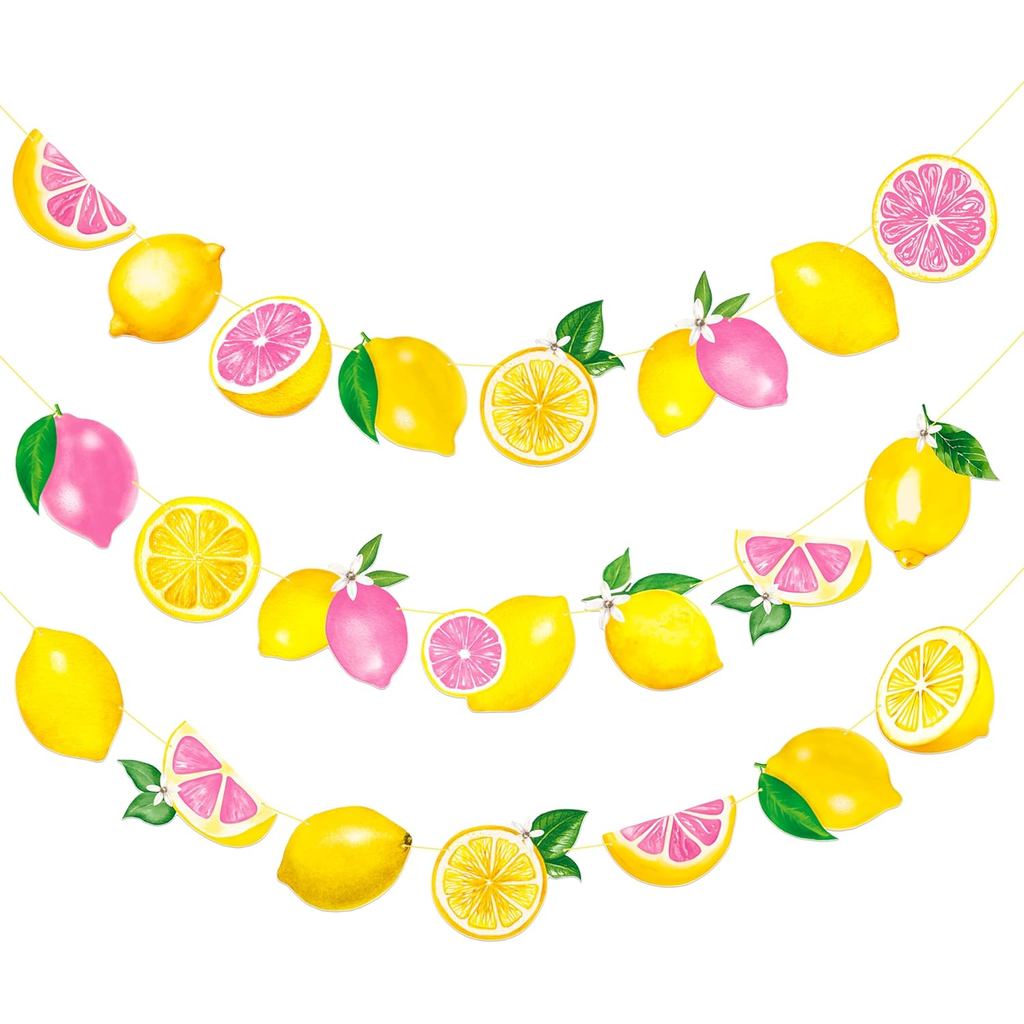 Lemon & Pink Citrus Themed Bunting Banner Pre-Strung Lemon Garland for Summer Fruit Party, Baby Show