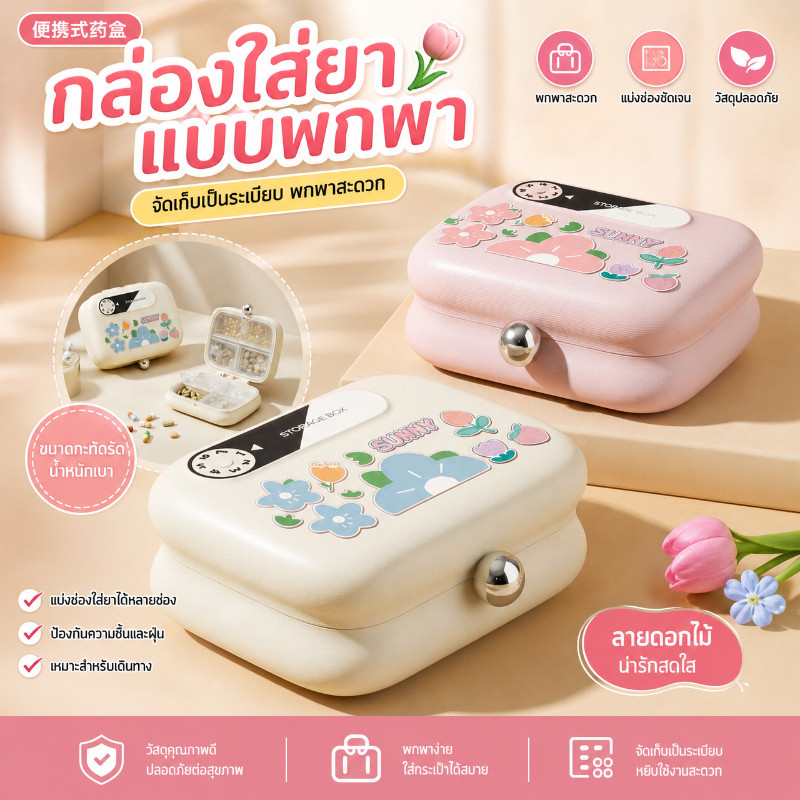 กล่องใส่ยา 7 วัน แบบพกพา กันชื้น กันน้ำ ลายดอกไม้ กล่องยา วิตามิน อาหารเสริม