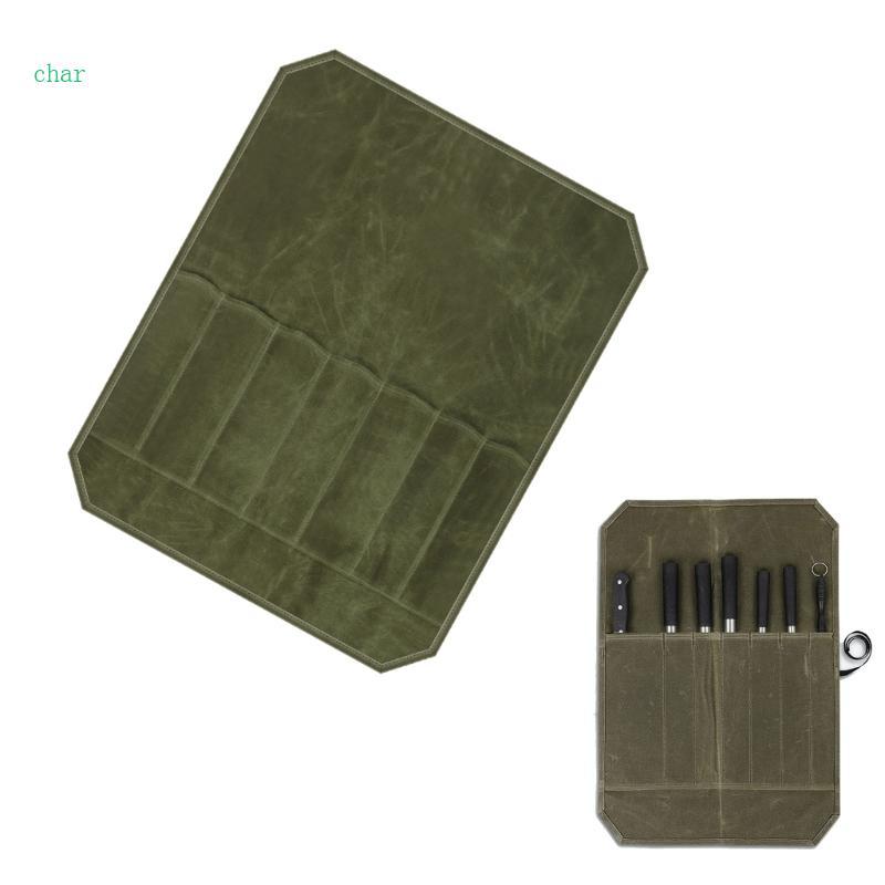 Char Chefs Knive Storage Roll Bag with 7 Slots Waxed Canvas Knive Cultery Carriers