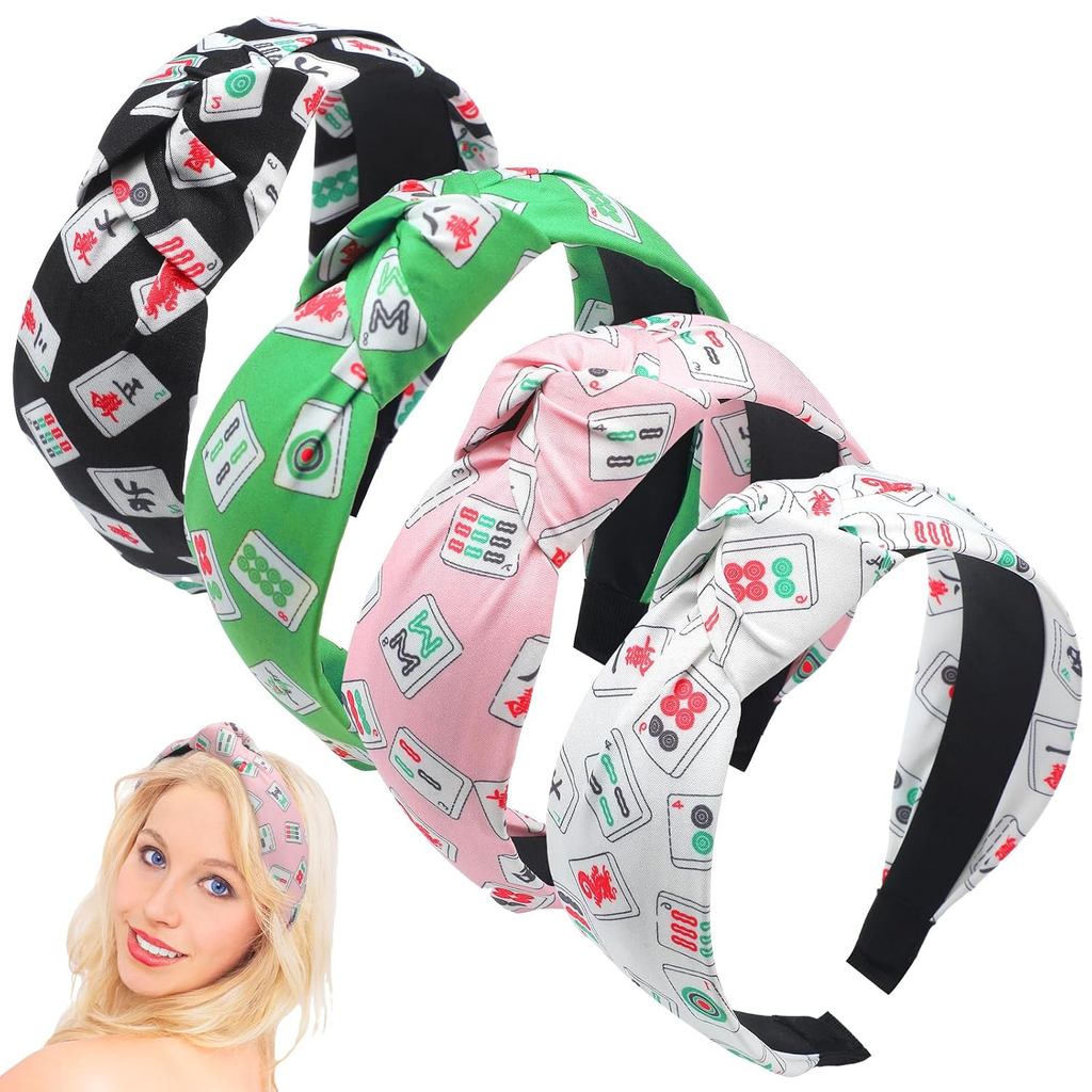 Norme 4 ชิ้น Mahjong Headbands Mahjong Tiles ที่คาดผมแบบผูกปมอินเทรนด์กว้าง Mah Jong ของขวัญสําหรับผ