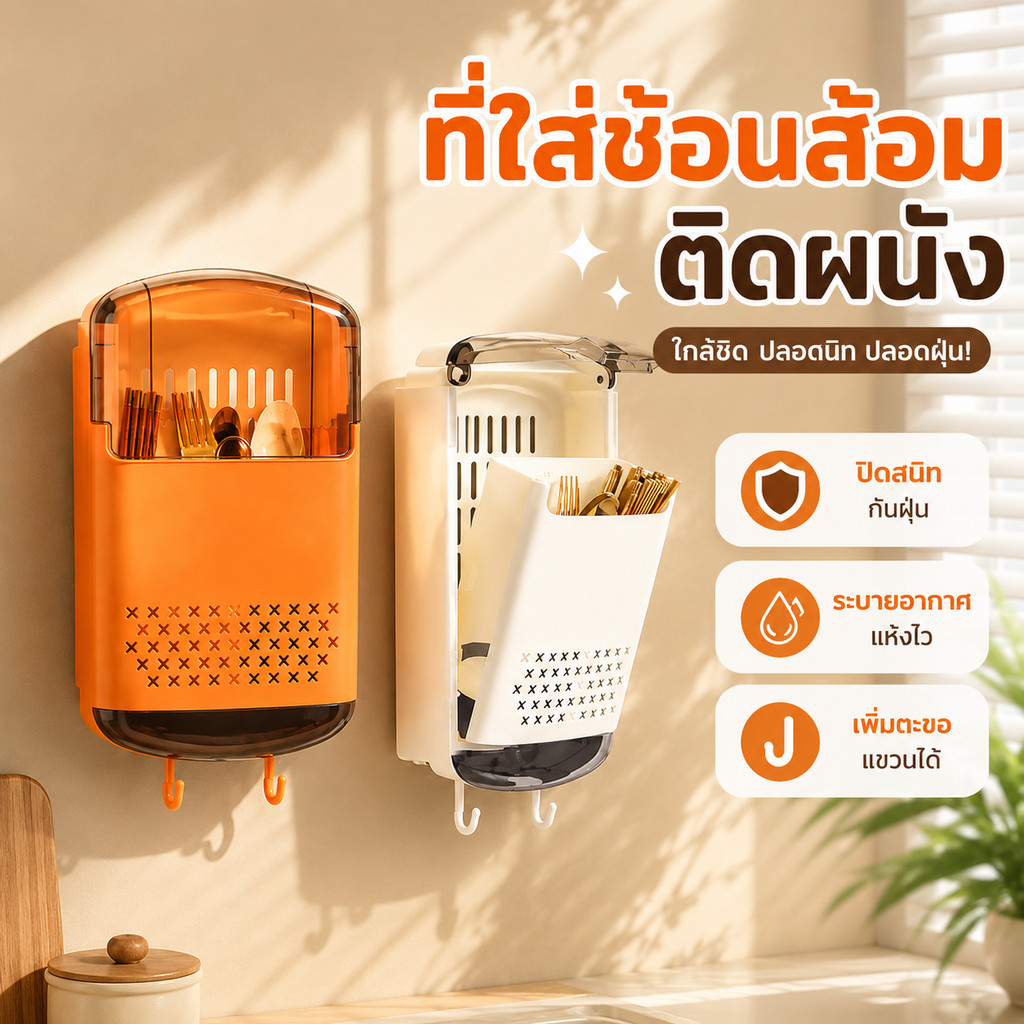 【ไม่ต้องเจาะ】ที่ใส่ช้อนส้อม  กล่องเก็บตะเกียบติดผนัง ที่ยึดแน่นสะอาดง่าย ระบายน้ำได้สะดวก กันแบคทีเรีย ประหยัดพื้นที่