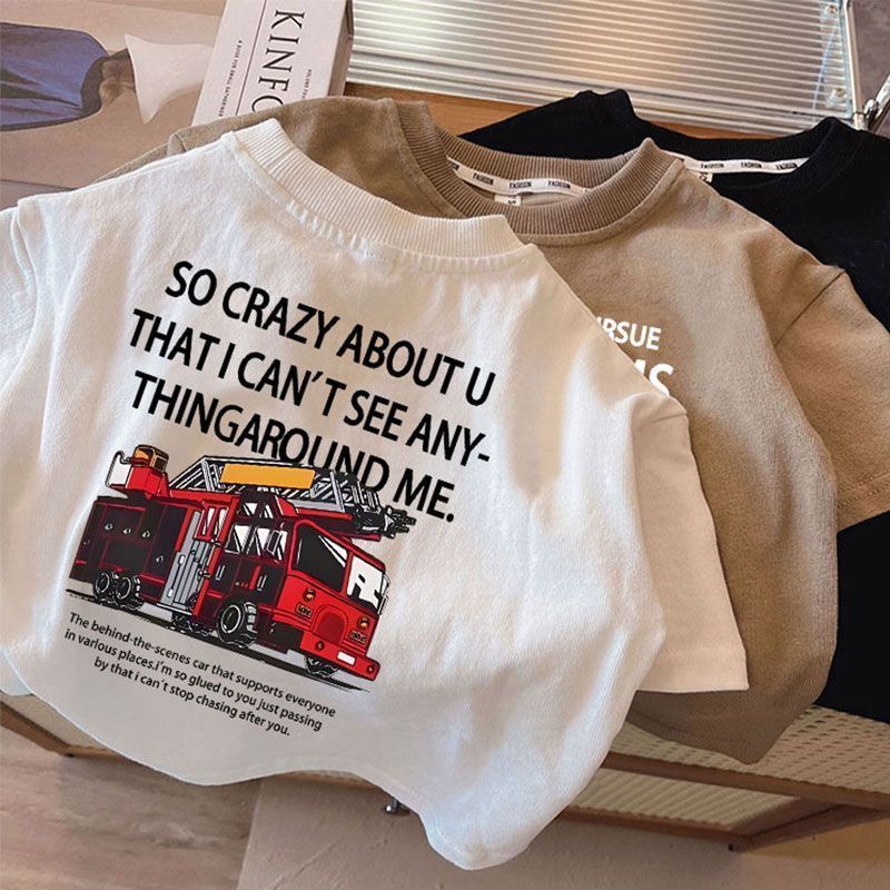ฤดูร้อนเด็กชายการ์ตูนรถผ้าฝ้ายแท้แขนสั้นเสื้อยืดเวอร์ชั่นเกาหลีสบายๆทารกครึ่งแขนด้านบน
