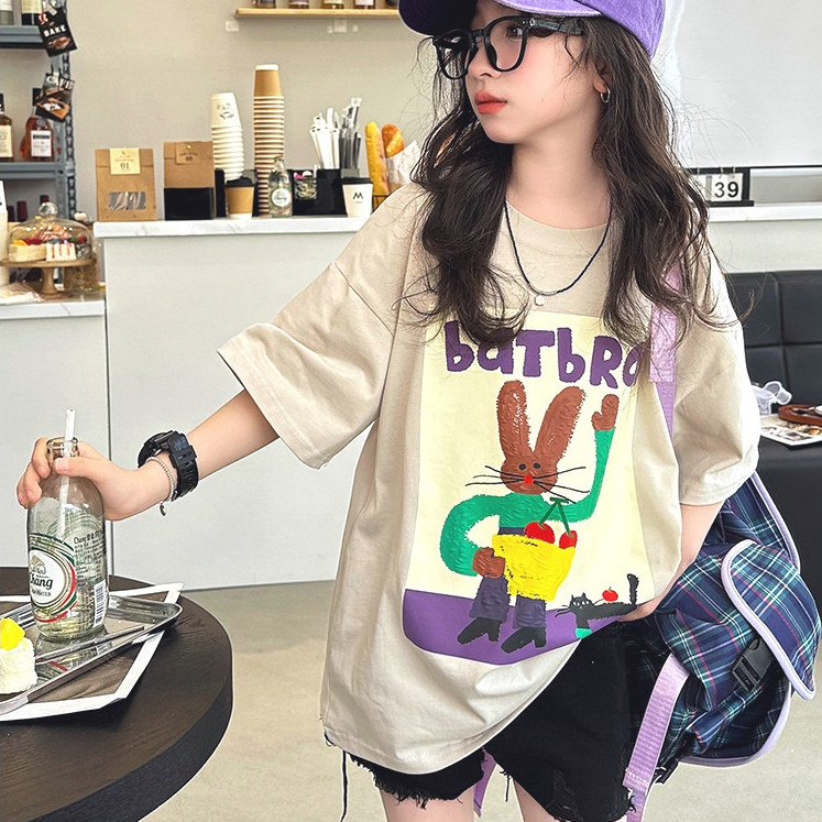 🔥จัดส่งตลอด 24 ชั่วโมง GIRL T-SHIRT มาใหม่เด็กแขนสั้นเสื้อยืดฤดูร้อนการ์ตูนพิมพ์รอบคอผ้าฝ้ายด้านบน COD