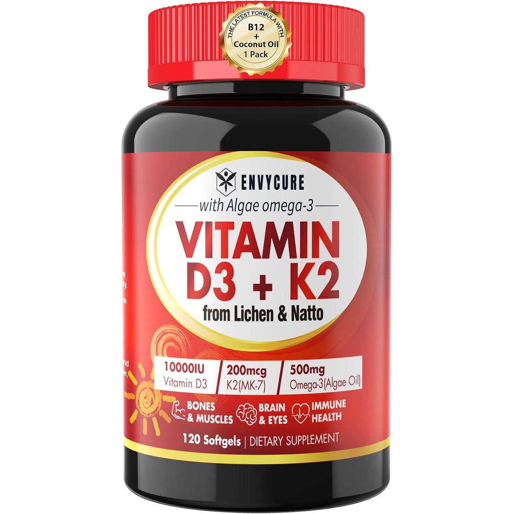 Plant-Based Vitamin D3 K2 Supplement Softgel - Vit D3 10000 Iu + Vitamin K2 Mk7 200 Mcg, Algae Omega