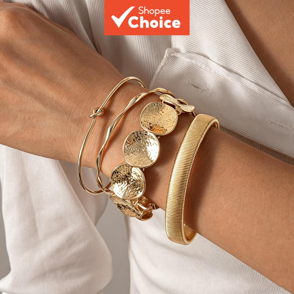 Gold Cuff กําไลข้อมือสร้อยข้อมือ Textured Disc Stackable ชุดผู้หญิง Boho Party เครื่องประดับของขวัญ