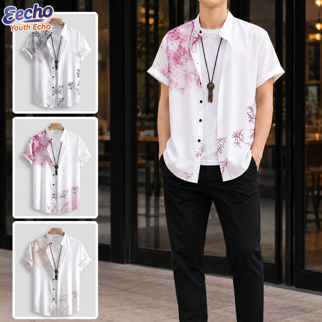 เสื้อเชิ้ตคอตั้งสไตล์ย้อนยุคของผู้ชายแขนสั้นลําลองแฟชั่นผ้าฝ้ายด้านบน