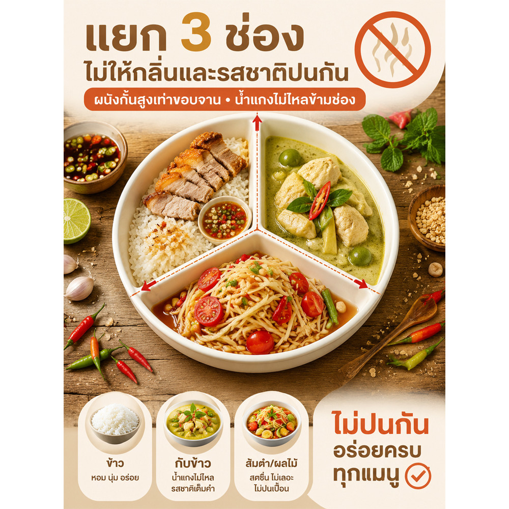 จานเซรามิกไทย JC แบบสามช่อง/จานแบ่งอาหาร/เหมาะสำหรับรับประทานอาหารไทย/จานสามช่องเซรามิกคุณภาพ/ใช้ได้ทั้งครอบครัวและร้านอาหาร/ดีไซน์สวยใช้งานง่าย