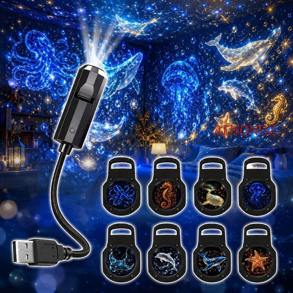 ALISONDZ โปรเจคเตอร์ Dreamy Starry Sky, 360 องศาหมุน USB ขับเคลื่อนโคมไฟฉาย, ความแปลกใหม่ยืดหยุ่นคอเปลี่ยนสไลด์ USB เพดานตกแต่ง