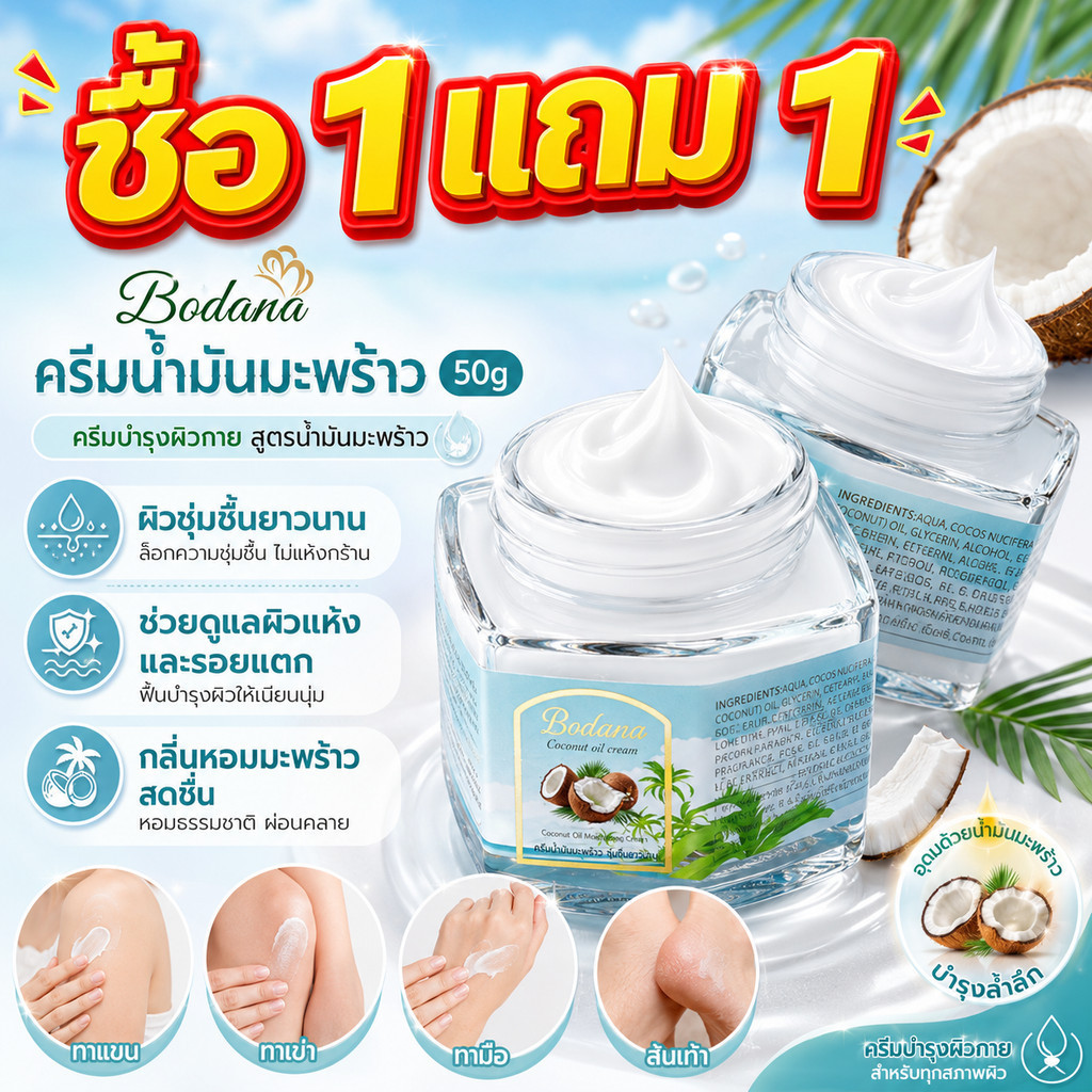 ซื้อ 2 แถม 2 BODANA Coconut Oil Cream 50g มอยส์เจอร์ไรเซอร์ บำรุงผิวแห้ง เติมความชุ่มชื้น ผิวนุ่ม ใช้ได้ทั่วร่างกาย