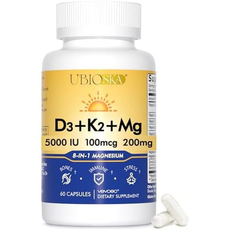 UBIOSKA วิตามิน D3 K2 แมกนีเซียม, 5000 IU D3, K2 As MK-7, 60 แคปซูล