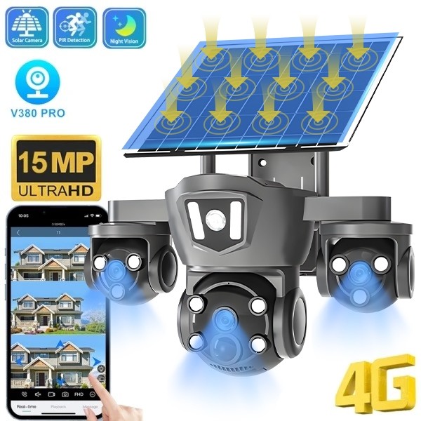 tdl กล้องวงจรปิดโซล่าเซลล์ V380 Pro 4G 3กล้อง3ภาพ พลังงานแสงอาทิตย์กล้อง15MP HD Night Vision กล้องวง