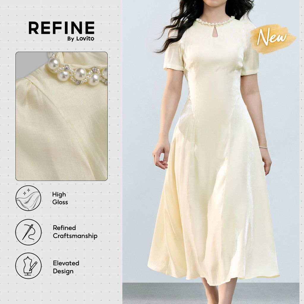 (New Arrival) (Refine by Lovito) สำนักงานไข่มุก เดรสทำงานทรงเอ ยาว สองชั้น มันวาวสูง สีแอปริคอต สำหร