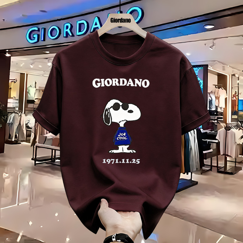 Giordano Snoopy Official T-shirt for Men and Women, Cotton 100%, เสื้อยืดแขนสั้นลําลอง, การ์ตูนน่ารั