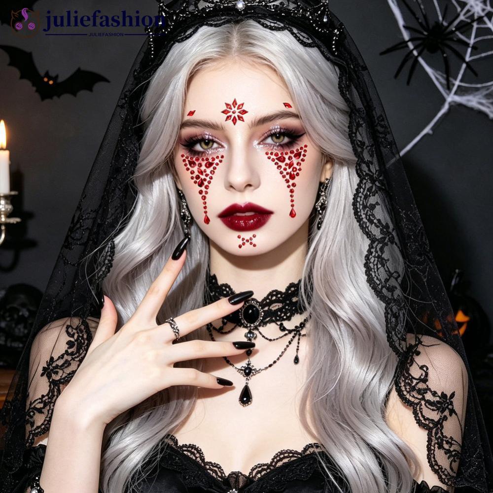 JULIEFASHION ฮาโลวีน Face Rhinestone สติกเกอร์สีแดงสีดํา Spider Web Cross Scar อัญมณี Decals Self-Ad