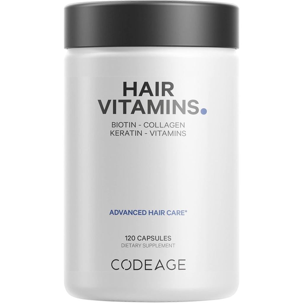 Codeage วิตามินผม 10000 mcg ไบโอติน, เคราติน, คอลลาเจน, วิตามิน A, B12, C, D3, E, สังกะสี, ขมิ้น, โป