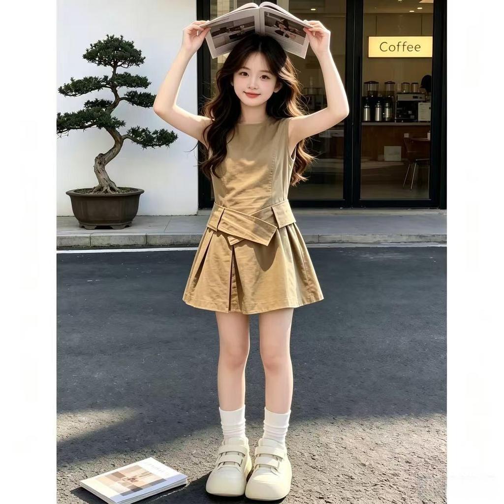 [เด็ก ทั้งหมด-จับคู่] หวานเย็นสไตล์สาวชุด2026ฤดูร้อนสไตล์ใหม่ฝรั่งเศสย้อนยุคกลางเด็กใหญ่หลวมกระโปรงเสื้อกั๊กกระโปรงสั้นอินเทรนด์
