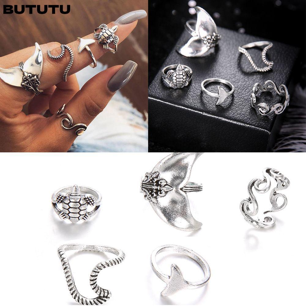 BUTUTU 5PCS Finger Ring Vintage Knuckle Jewelry set Waves/เต่า