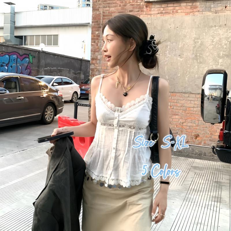 DODE W765#เสื้อสายเดี่ยวสตรีสไตล์ฝรั่งเศส ประดับด้วยลูกไม้ ดีไซน์กระดุมแถวเดียว คอลเล็กชั่นฤดูใบไม้ผลิ/ฤดูร้อน 2026