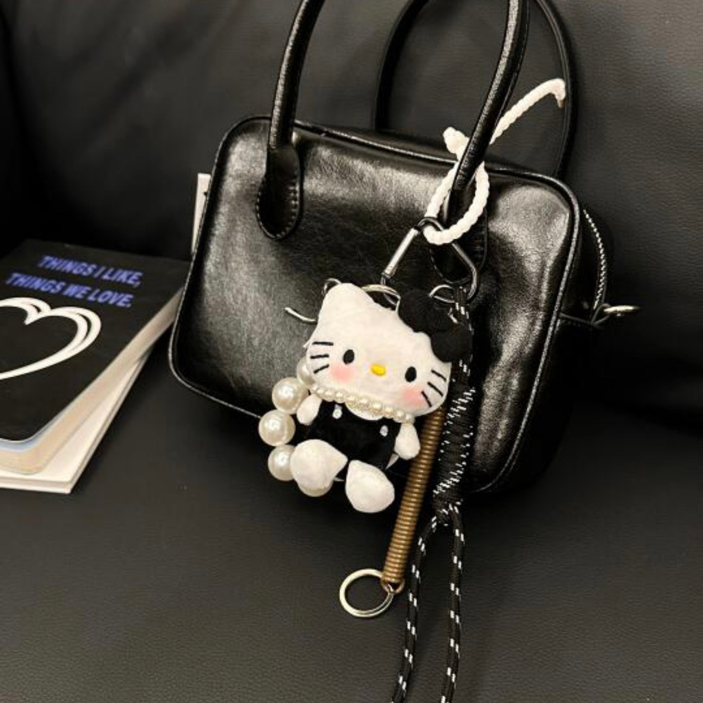K KT Cat Bag Pendant miu Style White Pearl Keychain diy Modified Braided Climbing Rope Lanyard Acces