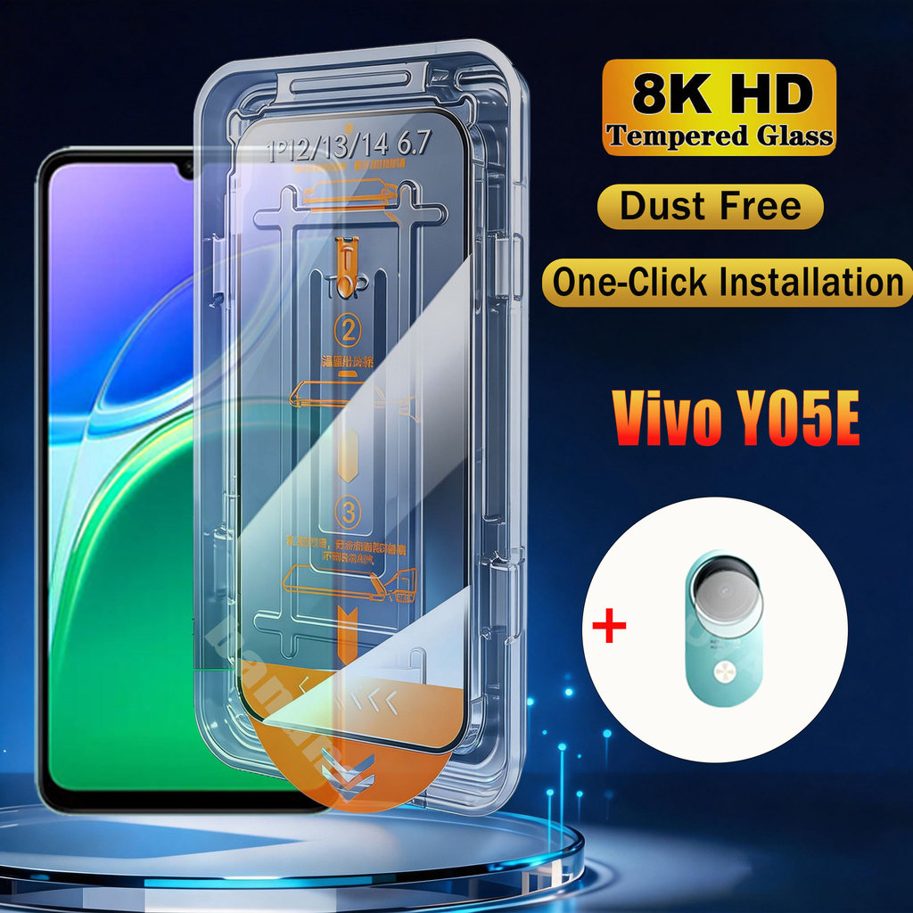 One คลิกติดตั้งง่ายกระจกนิรภัยสําหรับ Vivo Y05E Y05 Ultimate ฝุ่นติดตั้งฟรี HD Full Coverage Screen 