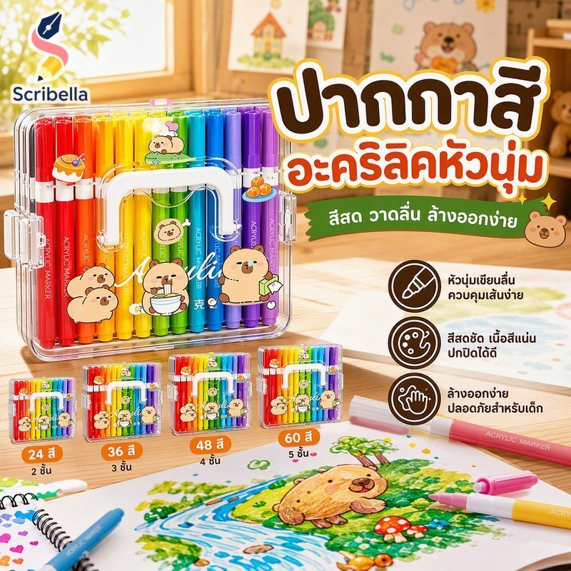 ชุดปากกามาร์กเกอร์สีอะคริลิคปลายอ่อนสีสดใสล้างทําความสะอาดได้ปลอดภัยสําหรับเด็กศิลปะการวาดภาพ24 60