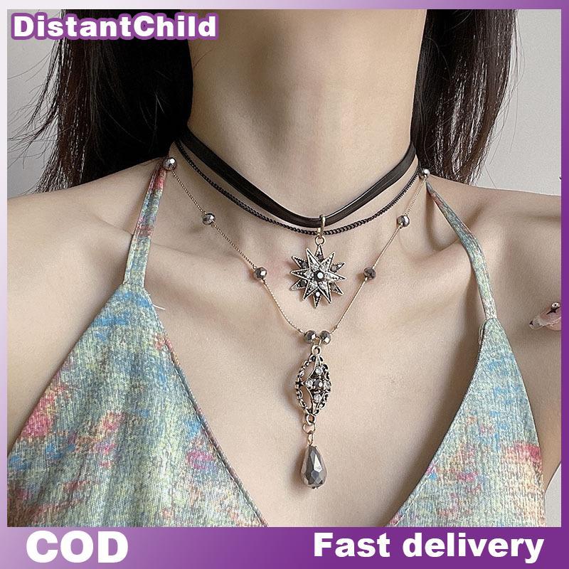 DSTH Vintage Layered Strap Multi Layered Nelace ผู้หญิงคอ Bohemian คริสตัลยาวจี้เครื่องประดับของขวัญ