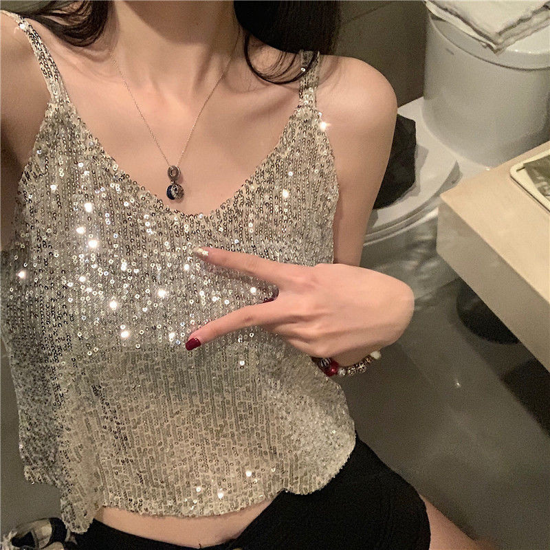 [ks0623.th] ฤดูใบไม้ร่วง V คอเซ็กซี่ประกายเลื่อม Camisole หญิง Influencer Disco Top อินเทรนด์ Bottom