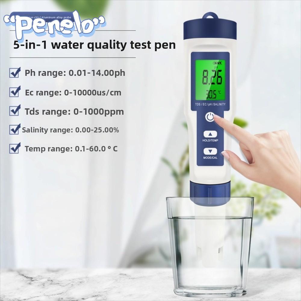 PIELLO001 เครื่องทดสอบคุณภาพน้ํา, หน้าจอเรืองแสงขนาดใหญ่ Multi-Parameter Digital TDS Meter, 5 in 1 T