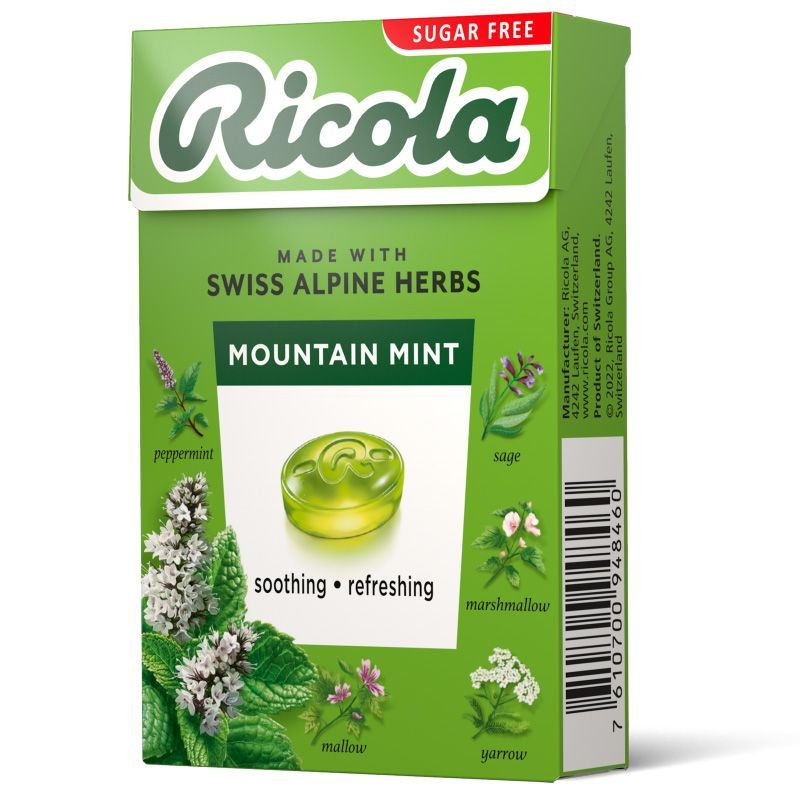 ริโคล่าลูกอมสมุนไพรปราศจากน้ำตาลรสเมาท์เทนมิ้นต์ 40กรัม Ricola Swiss Herb Lozenges Sugar Free Mountain Mint Flavor 40g.