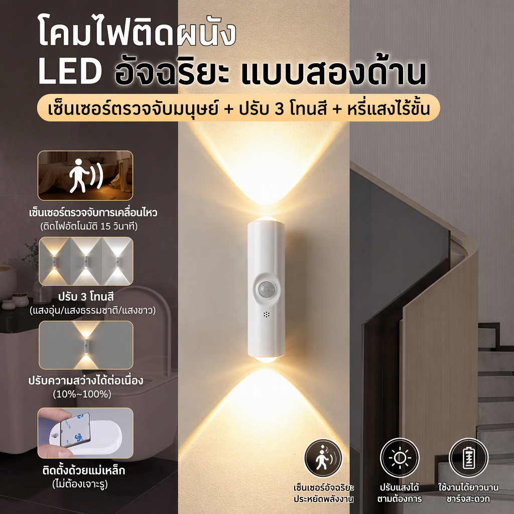 ไฟกลางคืนเซนเซอร์อัจฉริยะ LED โคมไฟติดผนังไร้สาย เปลี่ยนได้ 3 สี หรี่แสงได้ ชาร์จ USB