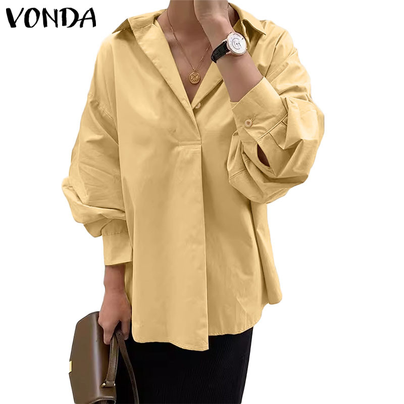 VONDA กระดุมปุ่มเสื้อผู้หญิงสไตล์เกาหลี คอปก สีทึบ ทรงหลวม จากผ้าซิลกี้สมูธ สำหรับสวมใส่แบบลำลอง