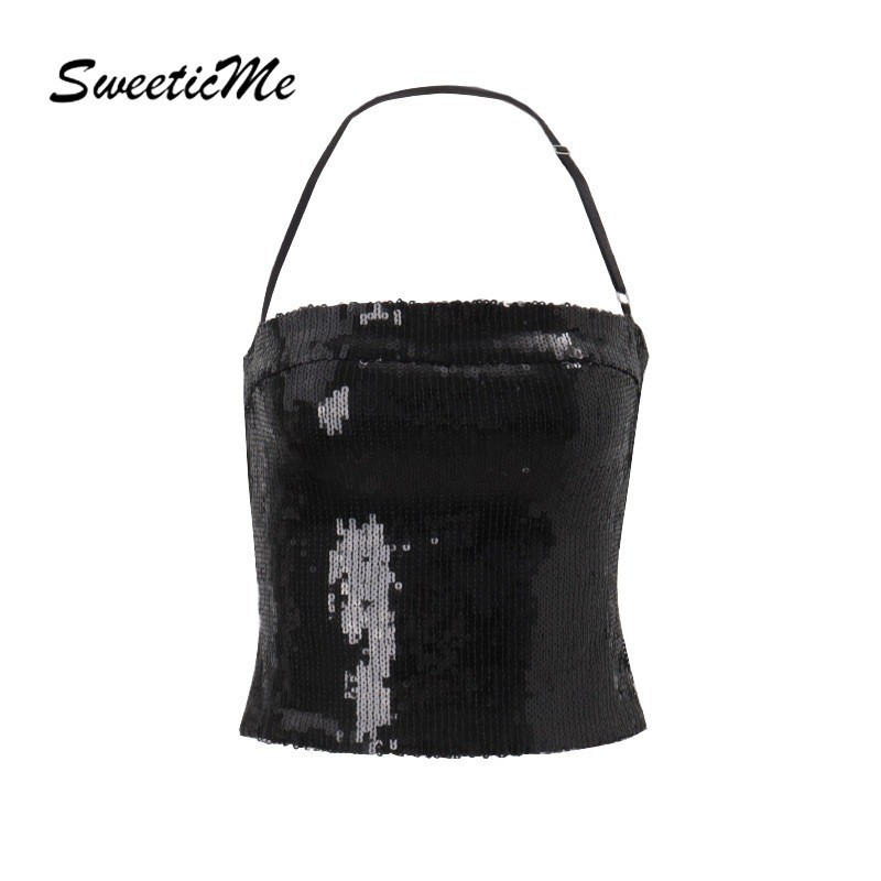 เสื้อสายเดี่ยวแบบเปิดหลัง SweeticMe แฟชั่นใหม่ เลื่อมเปลือย สีทึบ