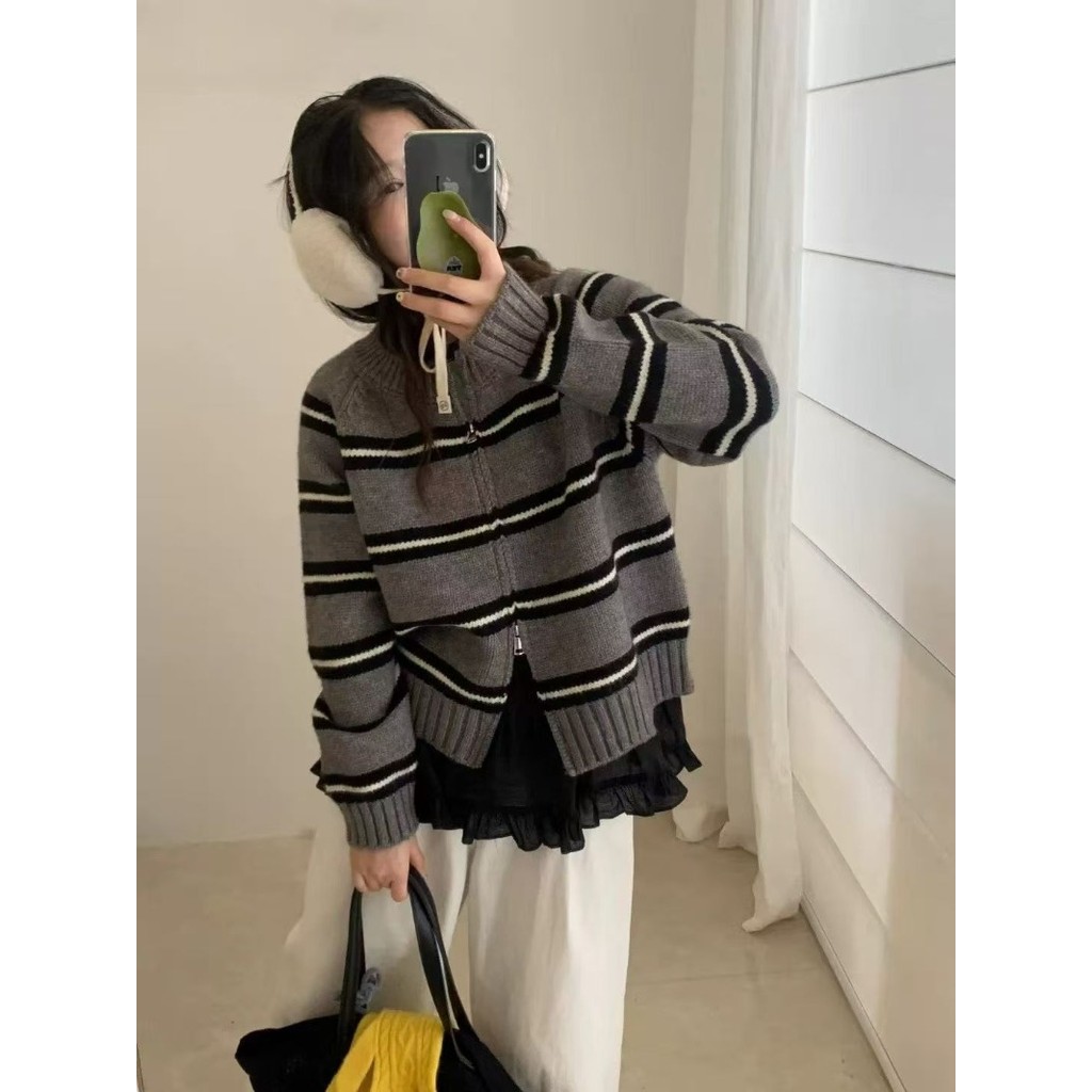 เสื้อคาร์ดิแกนถักซิปสองชั้น แขนยาวหลวม เหมาะสำหรับฤดูหนาวและใบไม้ร่วง - รูปที่ 6