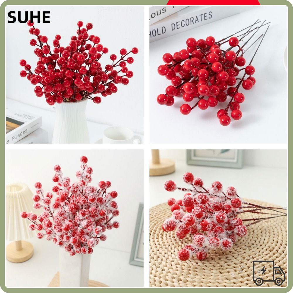 SUHE 10 ชิ้น Red Berries สาขา, สีแดงกับ Frost Christmas Berry สาขา, ตกแต่งบ้านงานแต่งงานเครื่องประดั